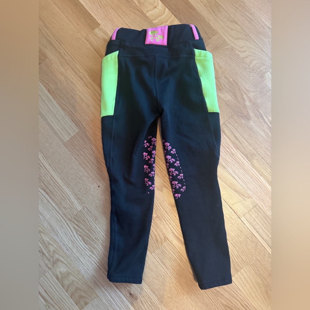 Belle & Bow Equestrian Girls Riding Tights Black Pink Green Knee Grip Size 6 - Picture 4 of 4
